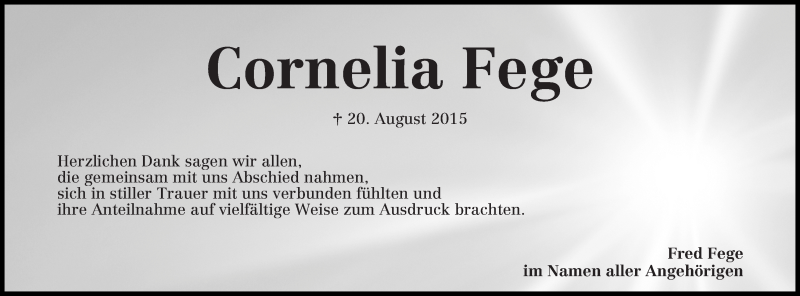 Traueranzeige von Cornelia Fege von WESER-KURIER