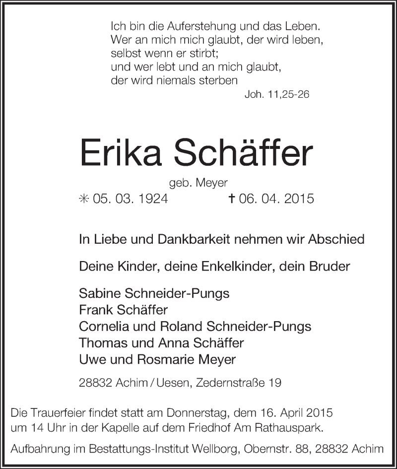 Traueranzeige von Erika Schäffer von WESER-KURIER