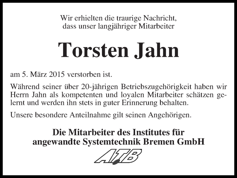 Traueranzeige von Torsten Jahn von WESER-KURIER