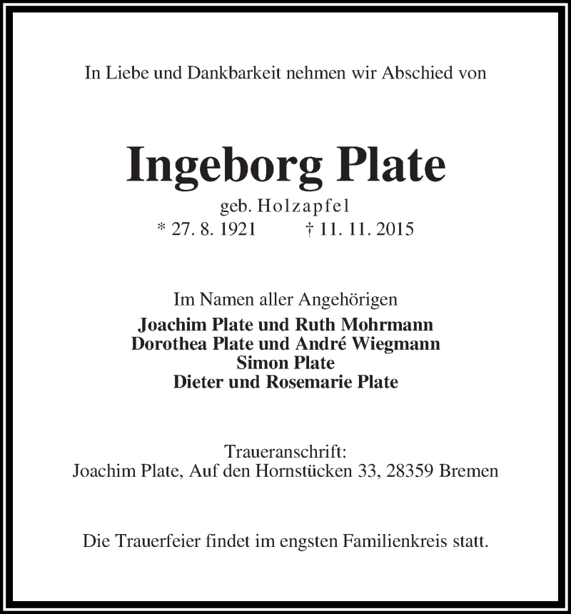 Traueranzeige von Ingeborg Plate von WESER-KURIER