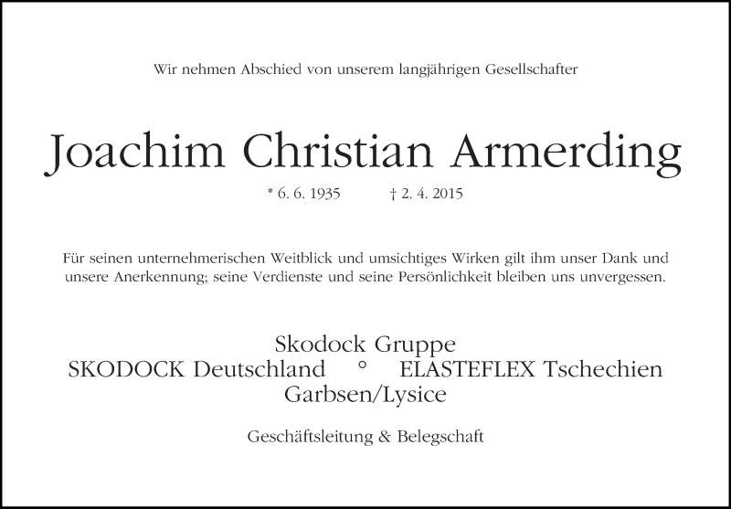 Traueranzeige von Joachim Christian Armerding von WESER-KURIER