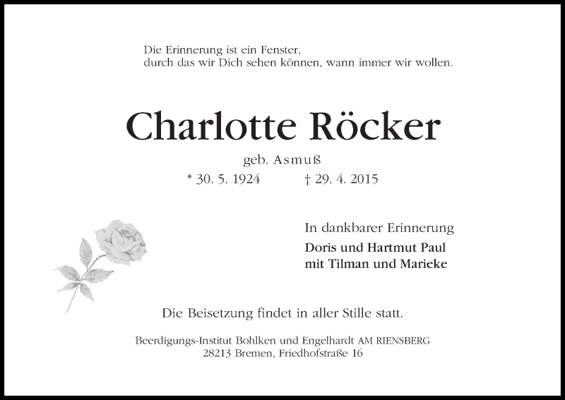 Traueranzeige von Charlotte Röcker von WESER-KURIER