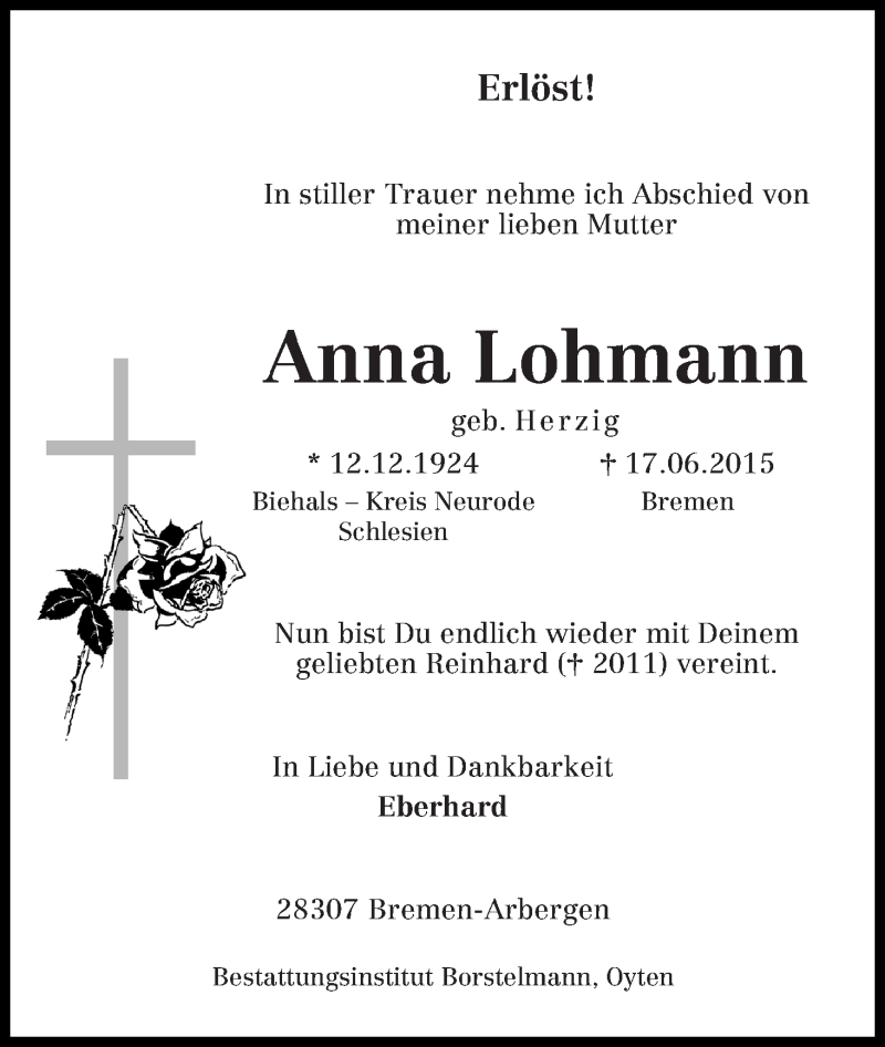 Traueranzeige von Anna Lohmann von WESER-KURIER