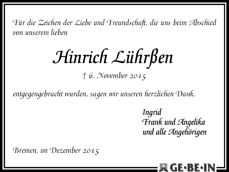Traueranzeige von Hinrich Lührßen von WESER-KURIER
