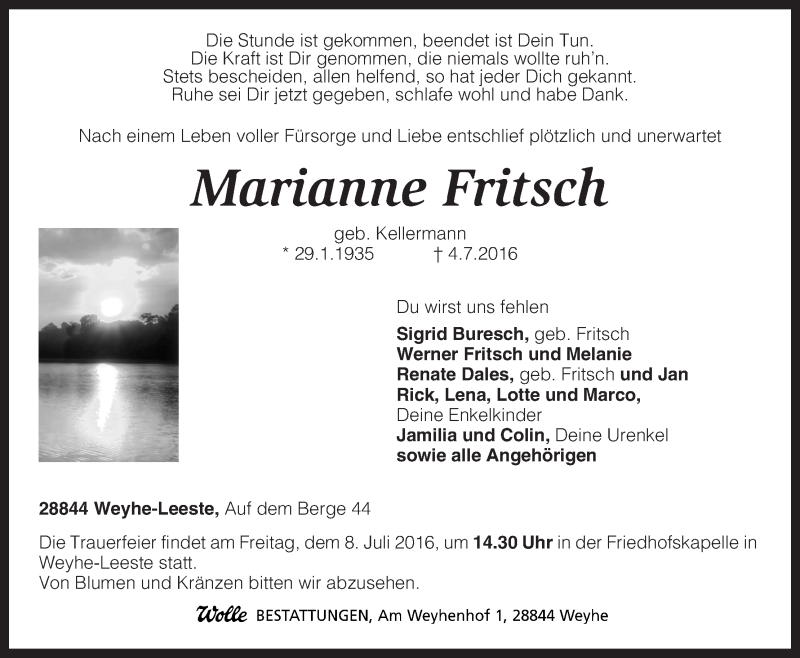 Traueranzeige von Marianne Fritsch von Regionale Rundschau/Syker Kurier