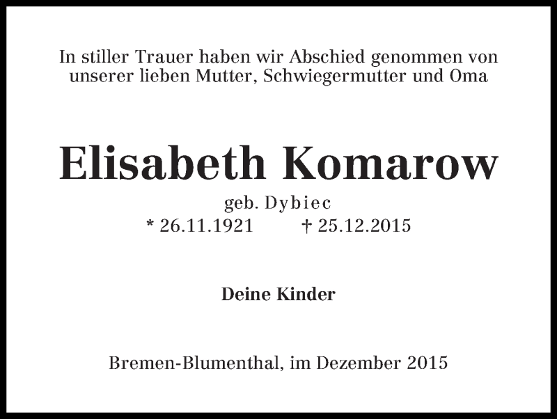 Traueranzeige von Elisabeth Komarow von Die Norddeutsche