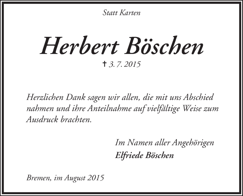 Traueranzeige von Herbert Böschen von WESER-KURIER