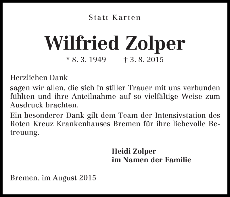 Traueranzeige von Wilfried Zolper von WESER-KURIER