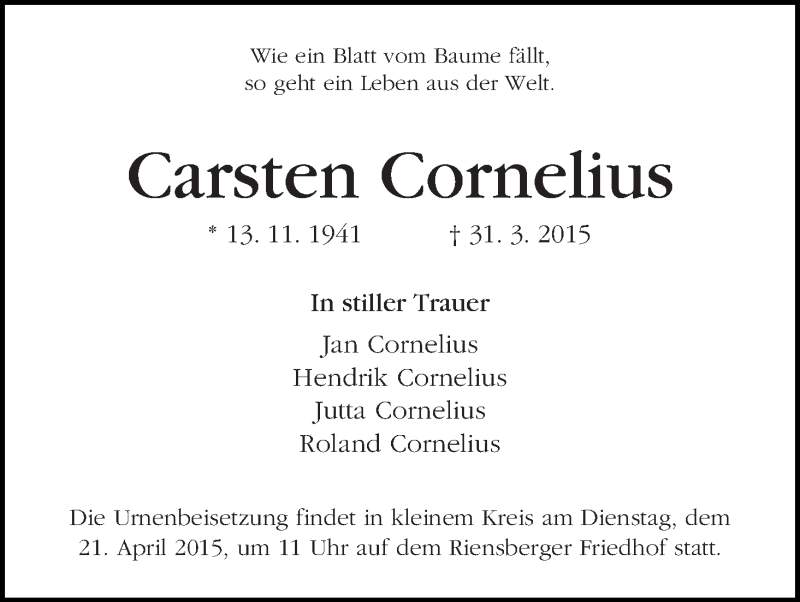 Traueranzeige von Carsten Cornelius von WESER-KURIER