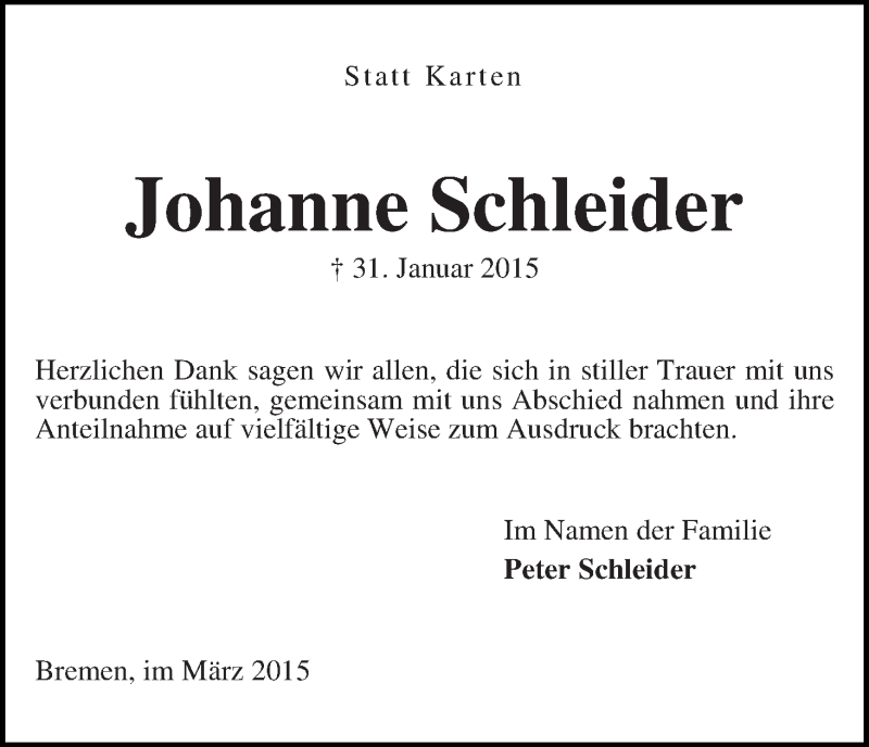 Traueranzeige von Johanne Schleider von WESER-KURIER