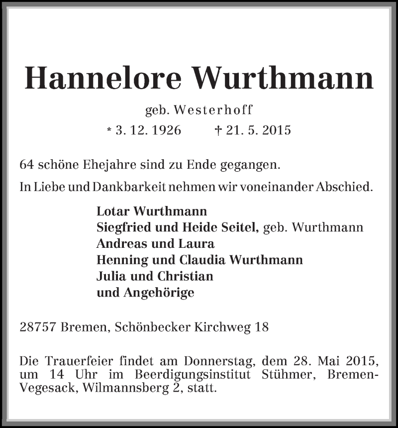 Traueranzeige von Hannelore Wurthmann von Die Norddeutsche