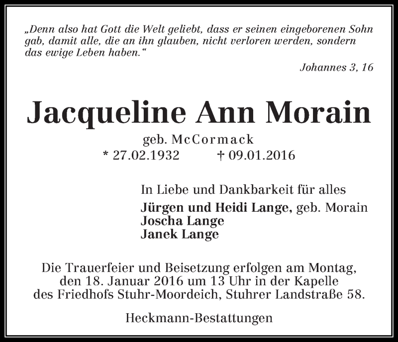 Traueranzeige von Jacqueline Ann Morain von WESER-KURIER