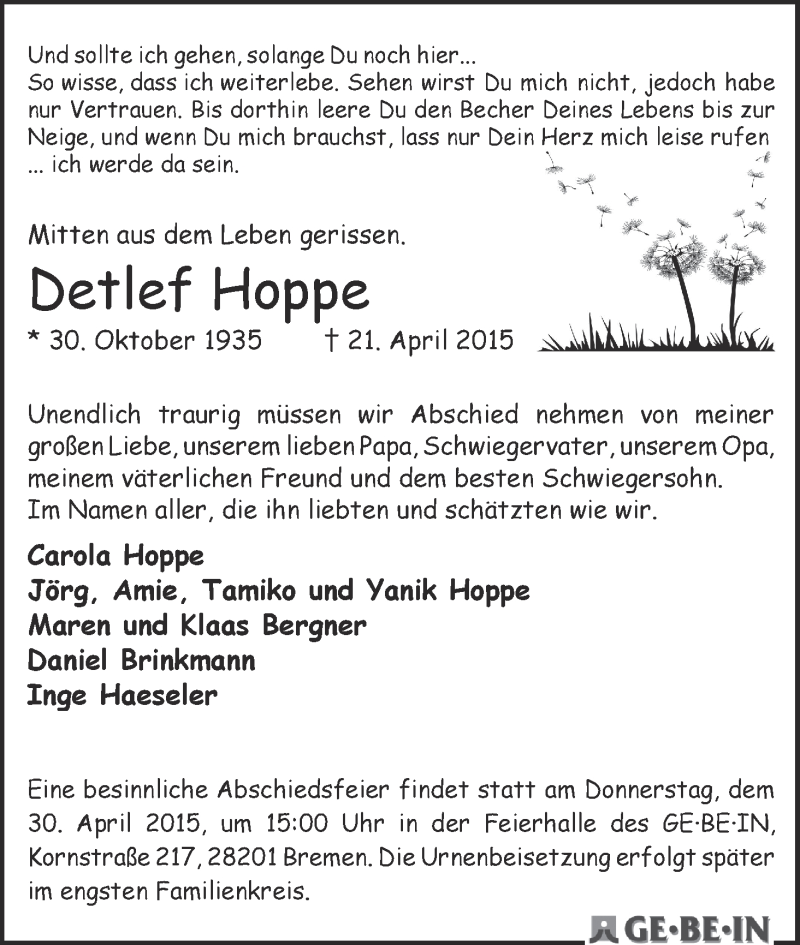 Traueranzeige von Detlef Hoppe von WESER-KURIER