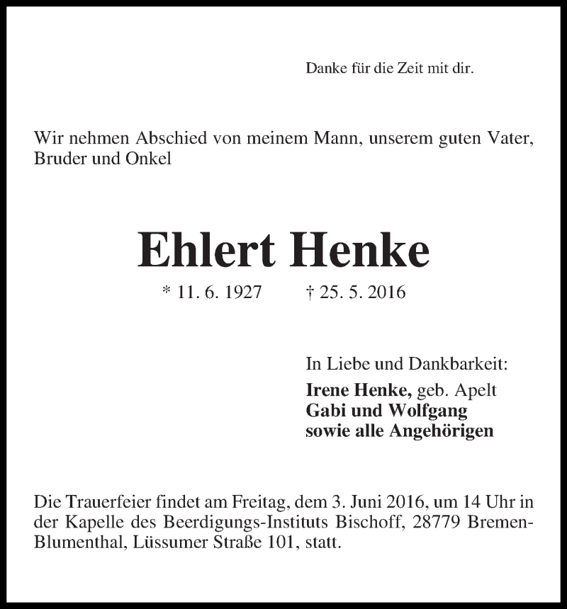 Traueranzeige von Ehlert Henke von Die Norddeutsche