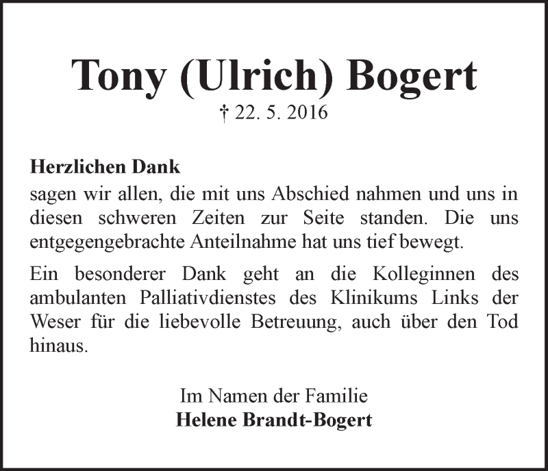 Traueranzeige von Tony (Ulrich) Bogert von WESER-KURIER
