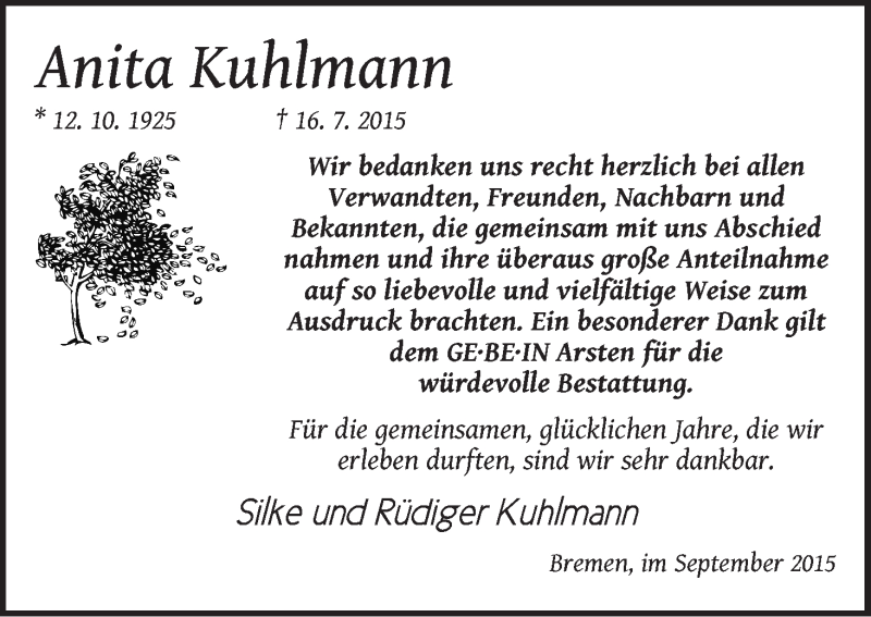 Traueranzeige von Anita Kuhlmann von WESER-KURIER