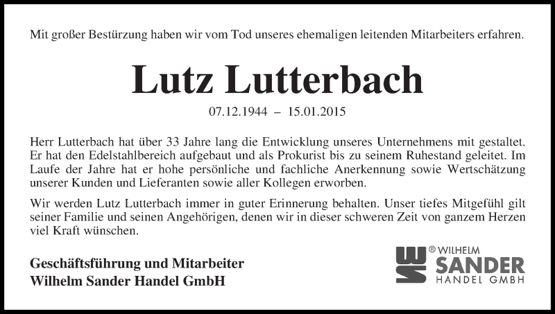 Traueranzeige von Lutz Lutterbach von WESER-KURIER