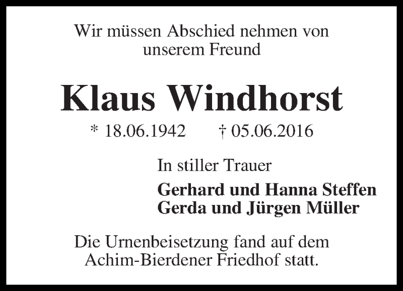 Traueranzeige von Klaus Windhorst von WESER-KURIER