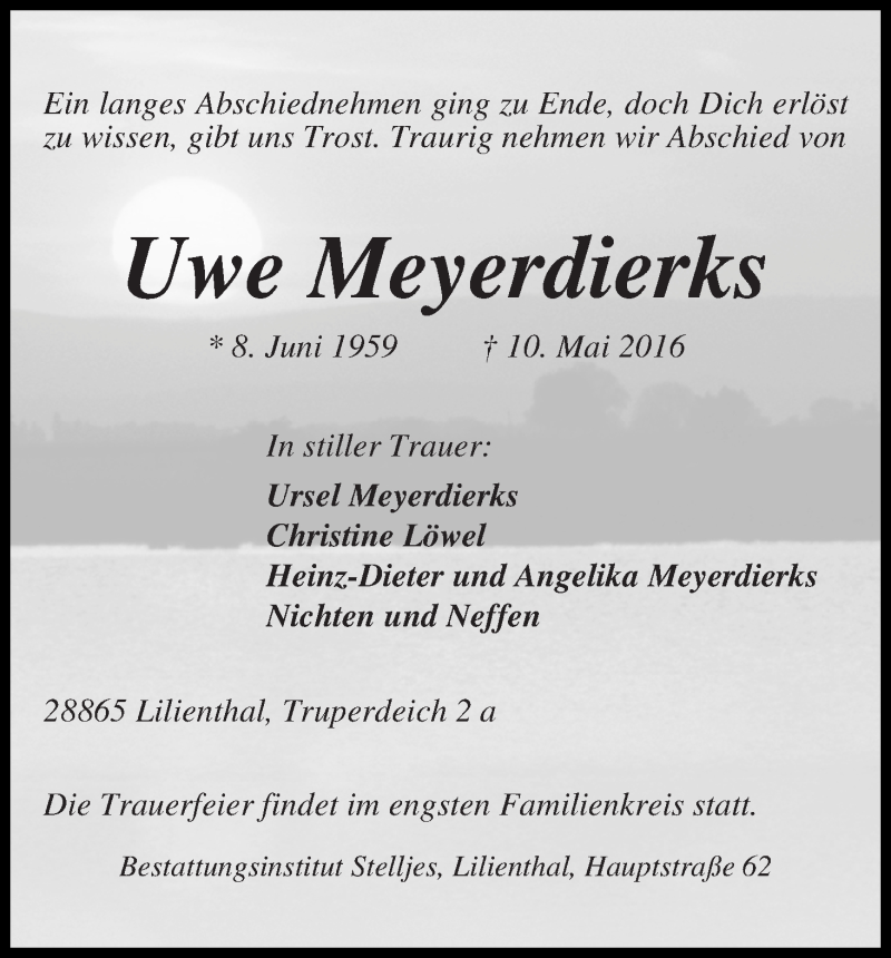 Traueranzeige von Uwe Meyerdierks von Wuemme Zeitung