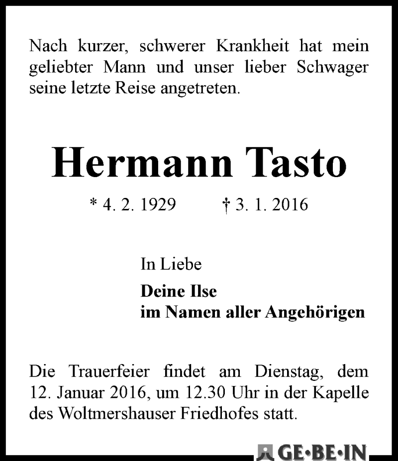 Traueranzeige von Hermann Tasto von WESER-KURIER