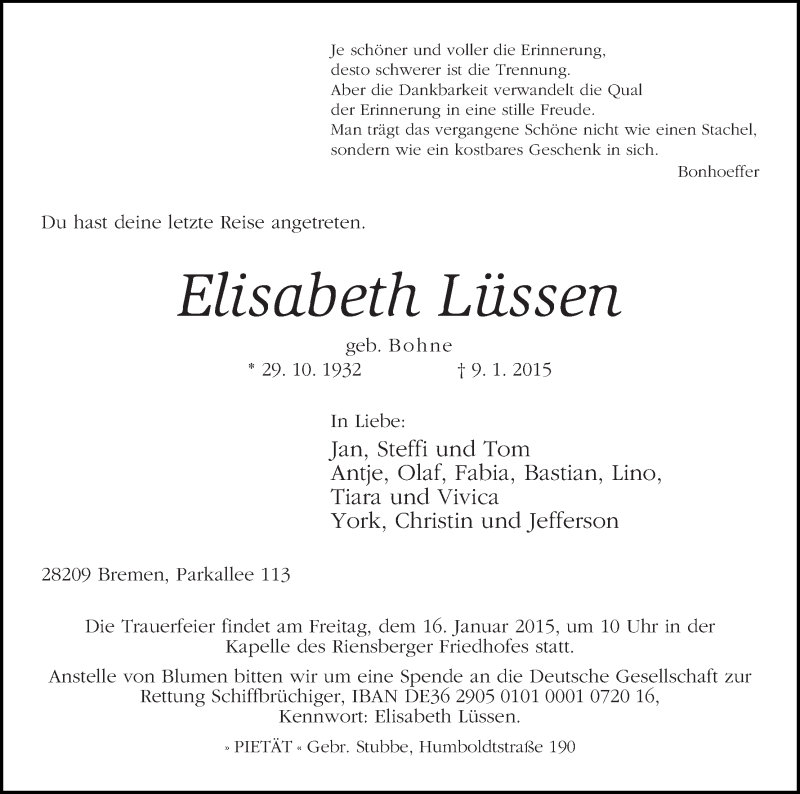 Traueranzeige von Elisabeth Lüssen von WESER-KURIER