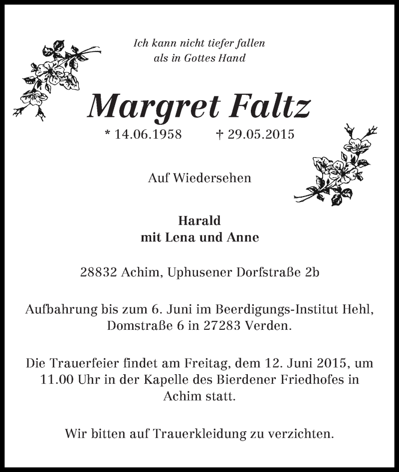 Traueranzeige von Margret Faltz von WESER-KURIER