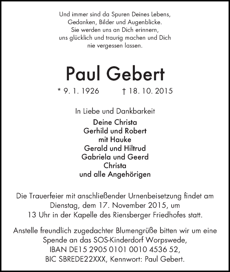Traueranzeige von Paul Gebert von WESER-KURIER
