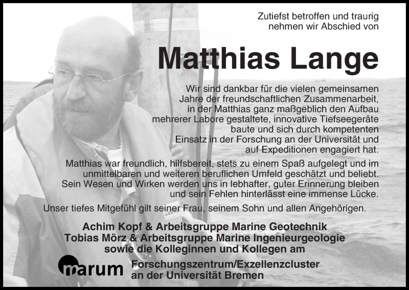 Traueranzeige von Matthias Lange von WESER-KURIER