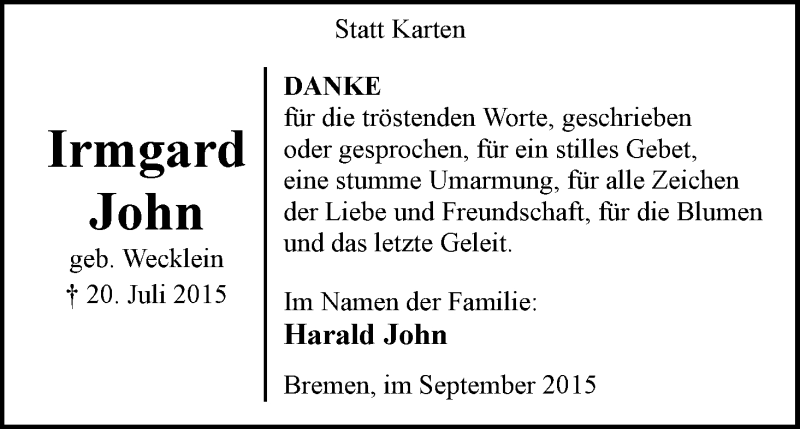 Traueranzeige von Irmgard John von WESER-KURIER