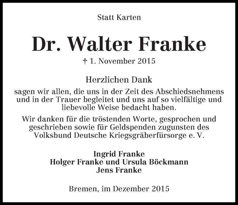Traueranzeige von Walter Franke von WESER-KURIER