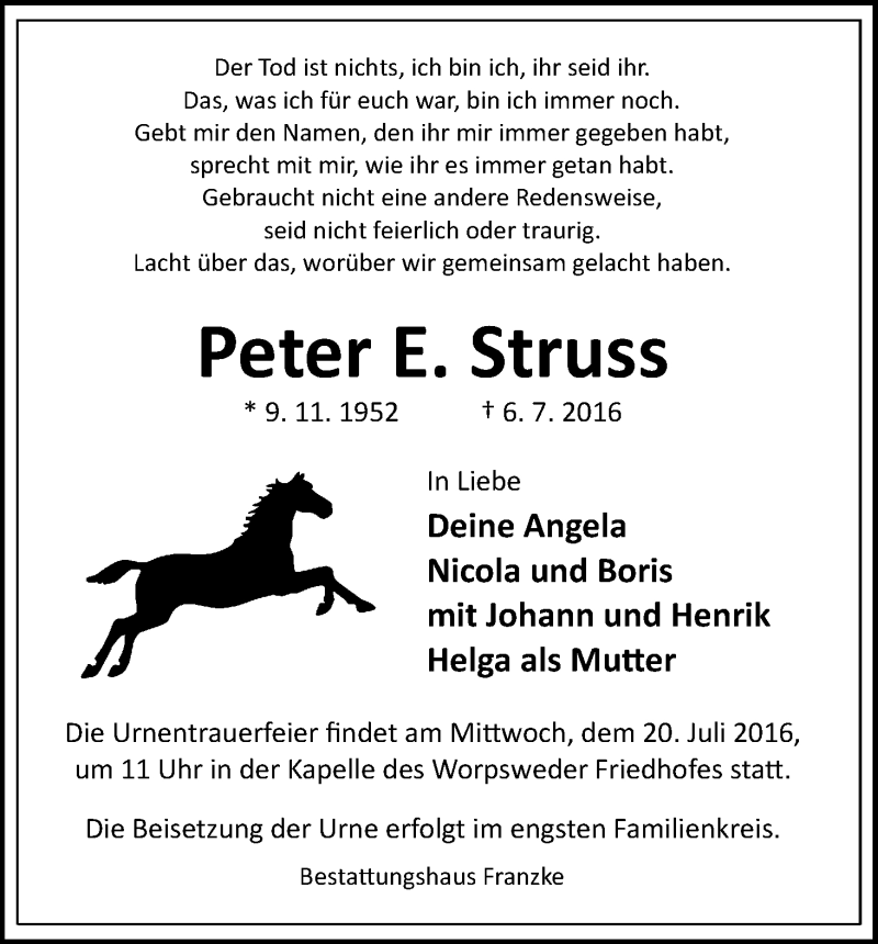 Traueranzeige von Peter E. Struss von Wuemme Zeitung