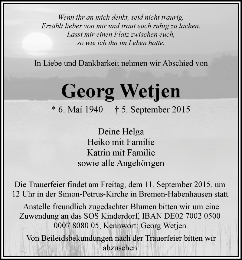 Traueranzeige von Georg Wetjen von WESER-KURIER
