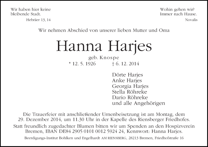 Traueranzeige von Hanna Harjes von WESER-KURIER