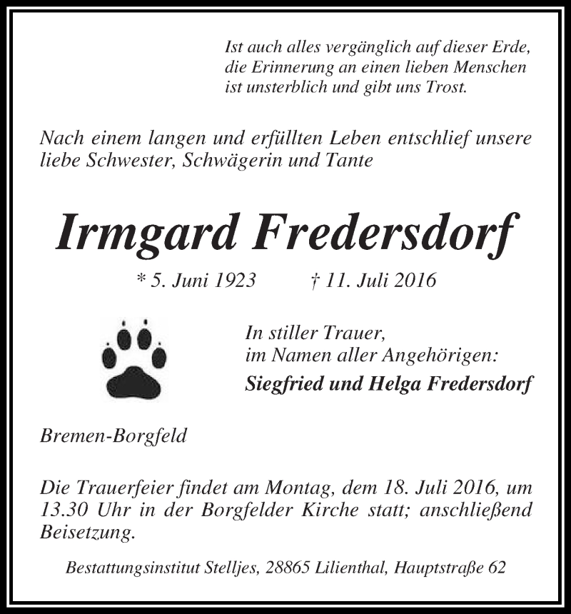 Traueranzeige von Irmgard Fredersdorf von WESER-KURIER