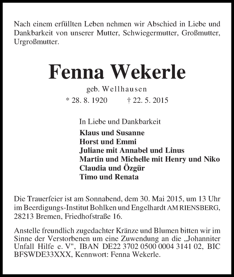 Traueranzeige von Fenna Wekerle von WESER-KURIER