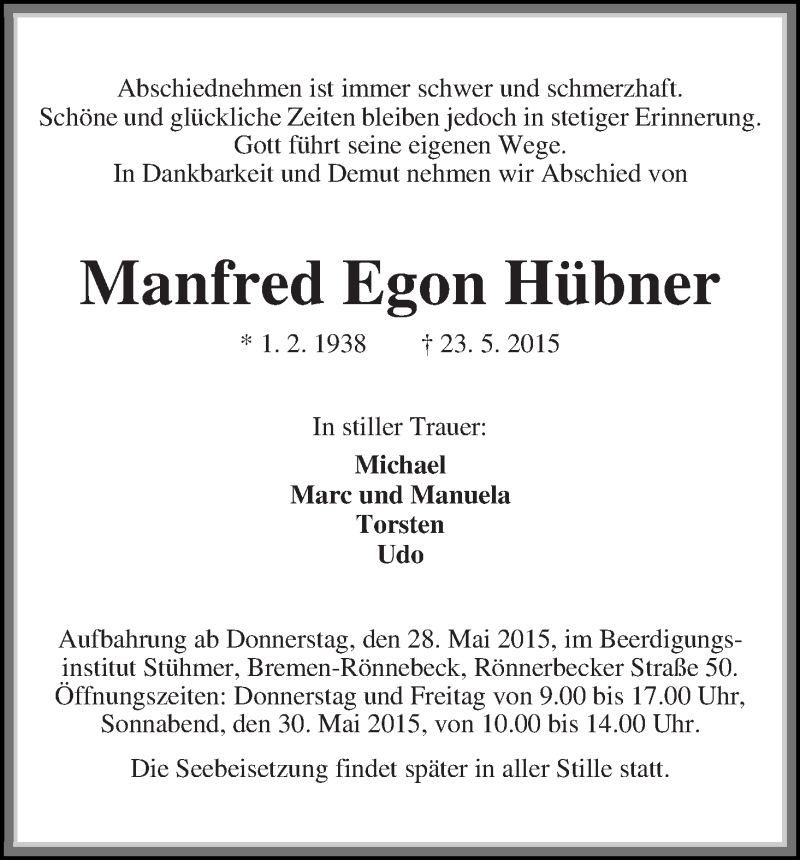 Traueranzeige von Manfred Egon Hübner von Die Norddeutsche
