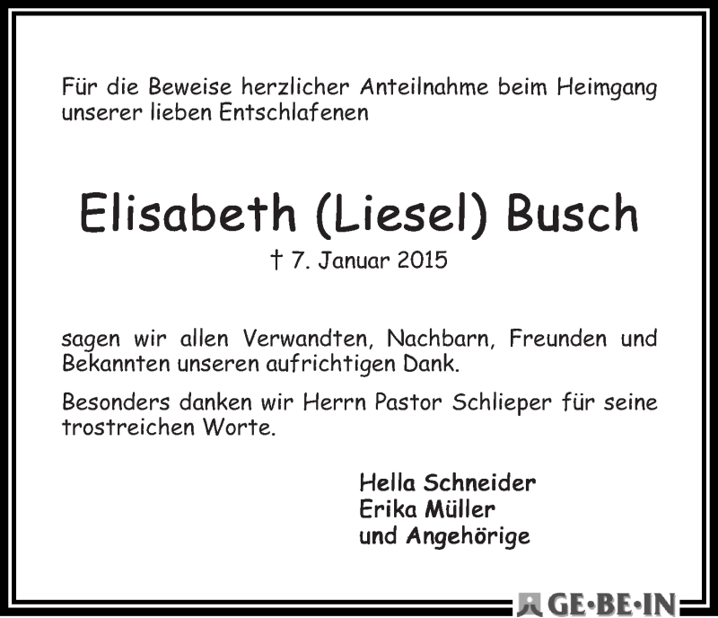 Traueranzeige von Elisabeth (Liesel) Busch von WESER-KURIER