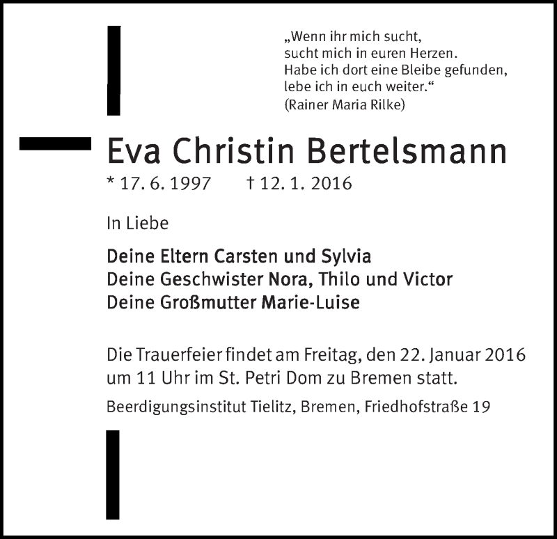 Traueranzeige von Eva Christin Bertelsmann von WESER-KURIER