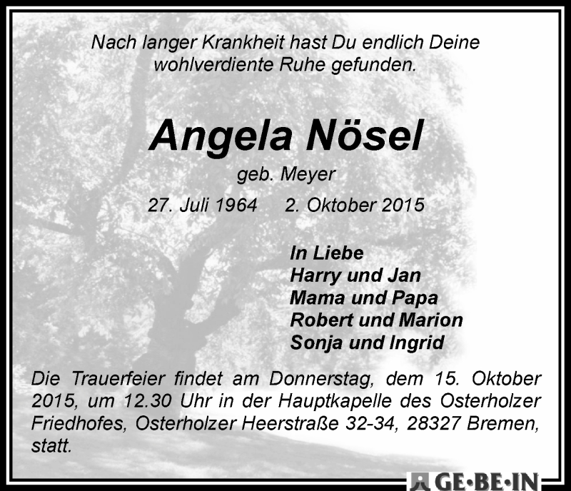 Traueranzeige von Angela Nösel von WESER-KURIER