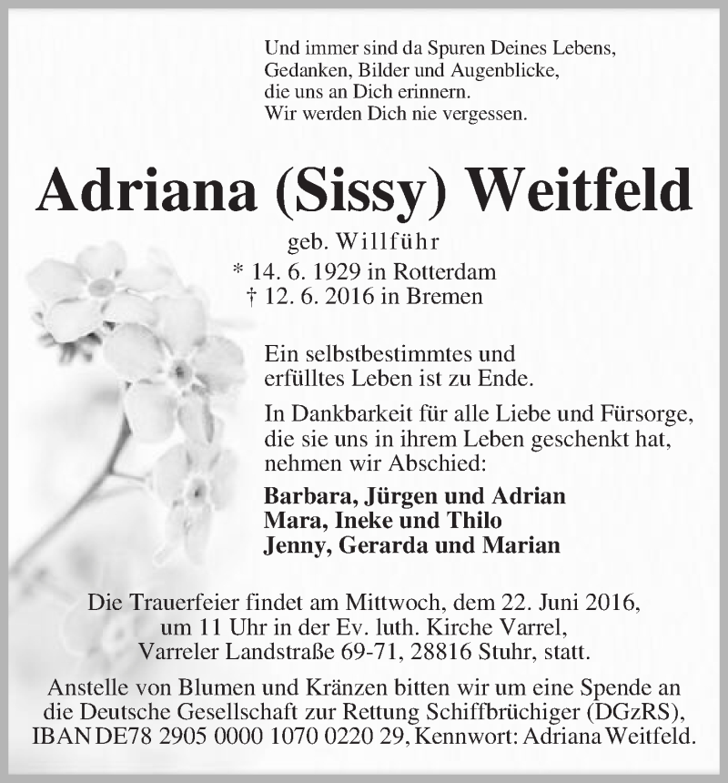 Traueranzeige von Adriana (Sissy) Weitfeld von WESER-KURIER