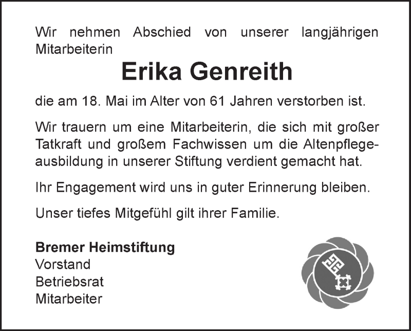Traueranzeige von Erika Genreith von WESER-KURIER