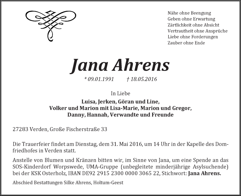 Traueranzeige von Jana Ahrens von WESER-KURIER