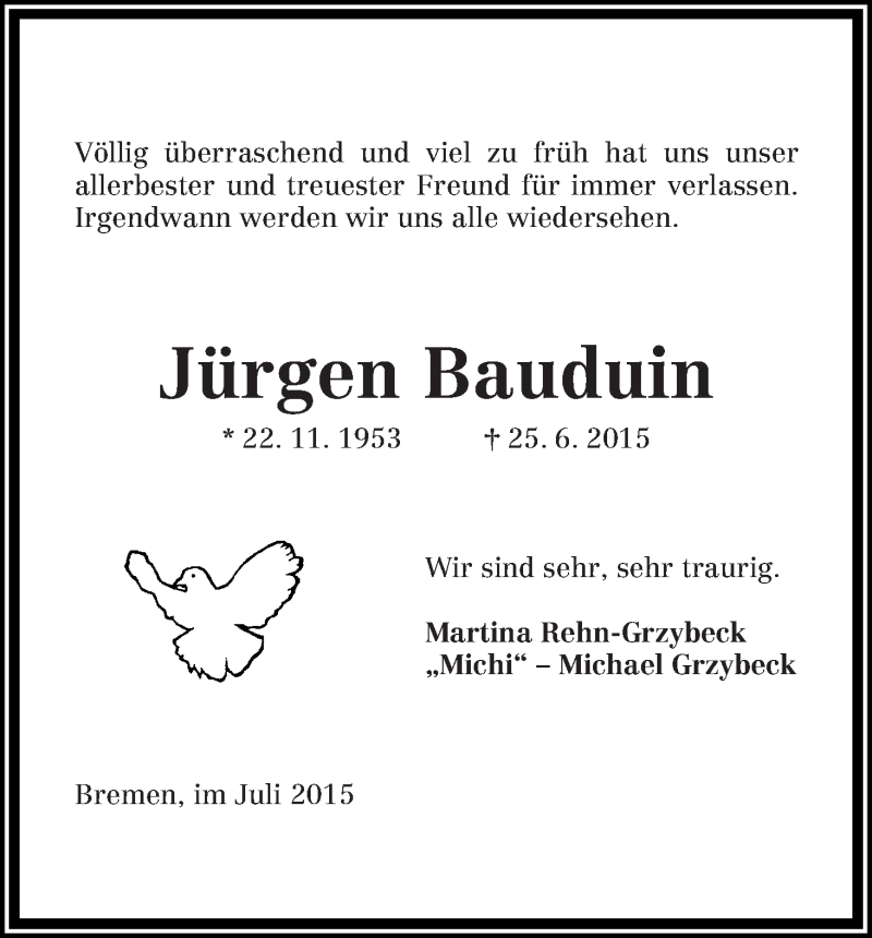 Traueranzeige von Jürgen Bauduin von Die Norddeutsche