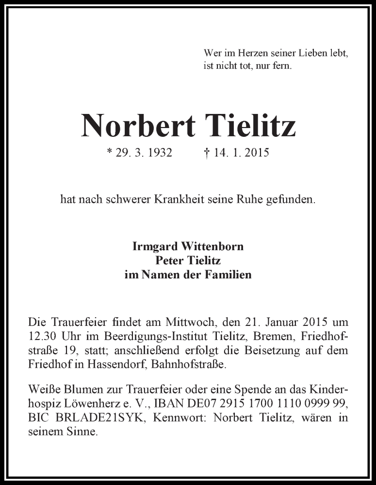 Traueranzeige von Norbert Tielitz von WESER-KURIER