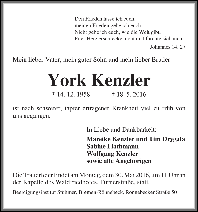 Traueranzeige von York Kenzler von Die Norddeutsche