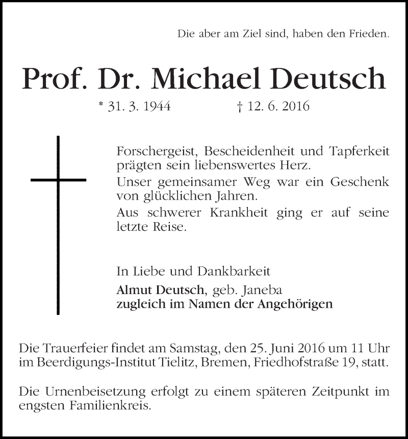 Traueranzeige von Michael Deutsch von WESER-KURIER