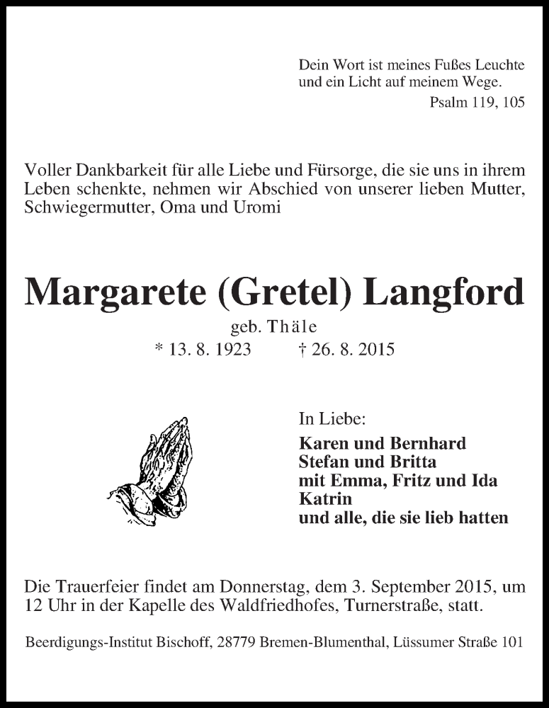 Traueranzeige von Margarete (Gretel) Langford von Die Norddeutsche