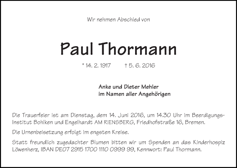 Traueranzeige von Paul Thormann von WESER-KURIER