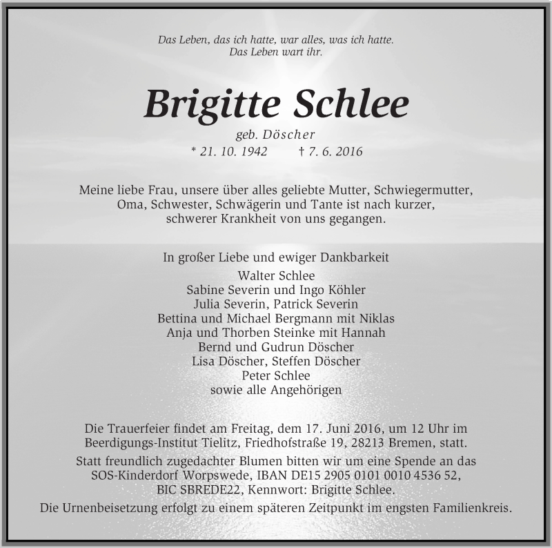 Traueranzeige von Brigitte Schlee von WESER-KURIER