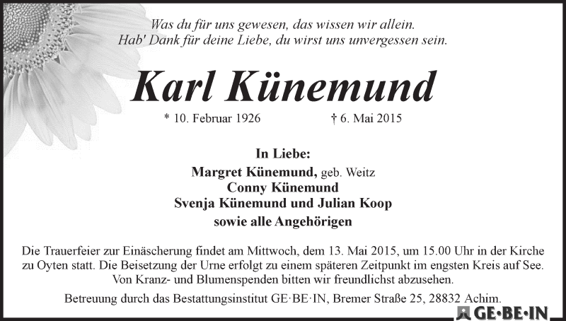 Traueranzeige von Karl Künemund von WESER-KURIER